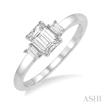 3/8 Ctw Octagonal and Baguette Diamond Ladies Engagement Ring with 1/3 Ct Emerald cut Center Stone in 14K White Gold
